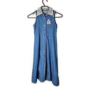 Vintage Storybook Heirloom Childs Denim Midi Dress Lace Collar Floral USA Size 8